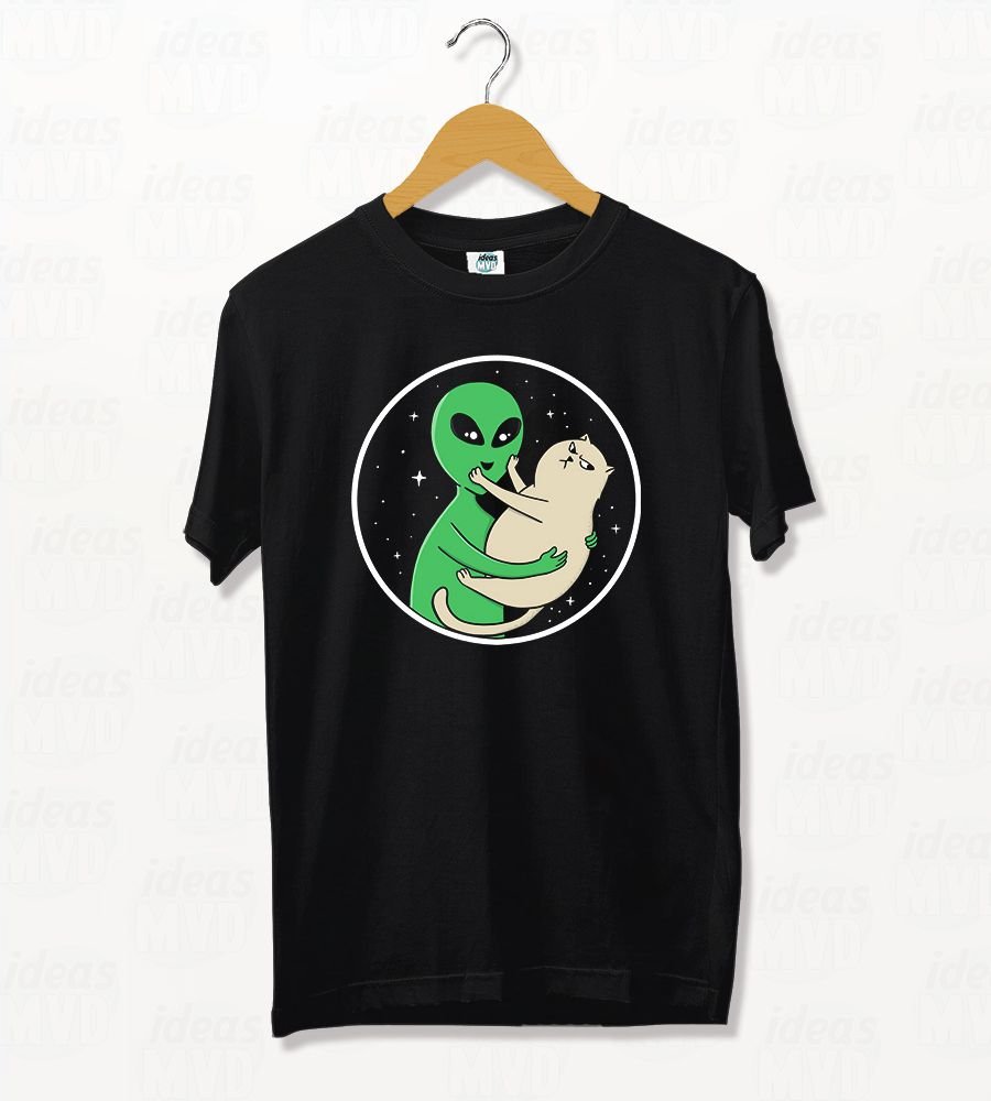Remera Gatito Y Alien (Negra)
